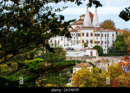 Sintra, Portugal - October 28, 2020: Architectural detail of the National Palace of Sintra, also called the Royal Palace with its 2 chimneys of 33 met Stock Photo