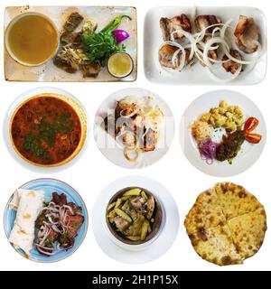 Collage of authentic Georgian dishes isolated on white Stock Photo