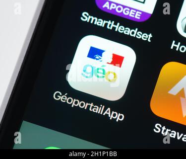 BAYONNE, FRANCE - CIRCA JANUARY 2021: Geoportail app icon on Apple iPhone screen. Geoportail is a web mapping service of the French government. Stock Photo