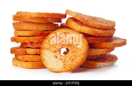 Dried bread crisps isolated on white background Stock Photo
