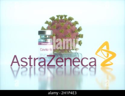 AstraZeneca Vaccine, conceptual image for the discovery of a vaccine for the Covid-19, Coronavirus, 2019-nCoV, SARS-CoV-2. 3D illustration. Stock Photo