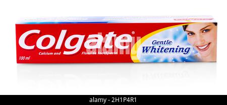 Kamchatka, Russia -May 13, 2019 : Colgate tooth paste on white.Colgate is a brand of toothpaste produced by Colgate-Palmolive Stock Photo