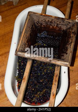 Manual mechanism for crushing grapes. Crush the grapes into juice and wine. Stock Photo