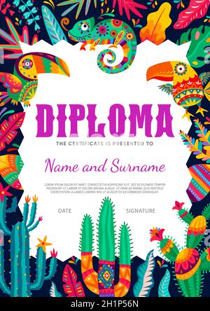 Kid cartoon diploma, Mexican toucans, chameleons and cactus, vector certificate. Kindergarten appreciation award or diploma with Mexico ornaments of p Stock Vector