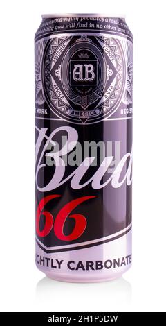 Kamchatka, Russia - MAY 22, 2019: Can of Bud beer on a white background, an American-style pale lager produced by Anheuser-Busch, introduced in St. Lo Stock Photo