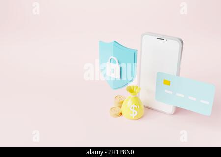 Secure mobile banking with credit card and lock shaped icon on pink background, smartphone security bank transaction money payment online Internet ban Stock Photo