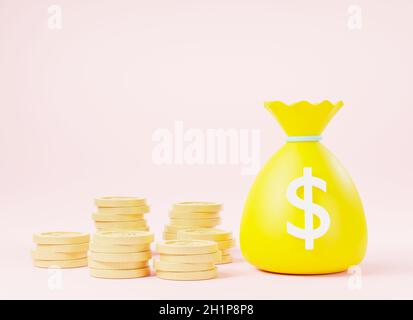 Money bag with dollar cash sack moneybag with dollar coins, Canvas money sacks, business and finance, moneybag and gold coins simple cartoon icon on p Stock Photo