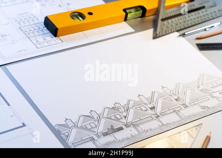 Close up of architectural design plans with measuring objects. Stock Photo