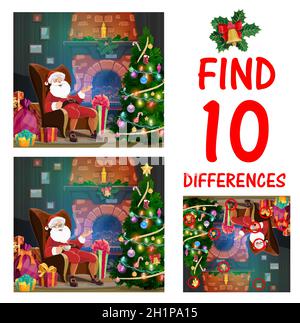 Child Christmas maze with find differences task. Children game, playing activity for kids with Santa character sitting with cup of tea in home living Stock Vector