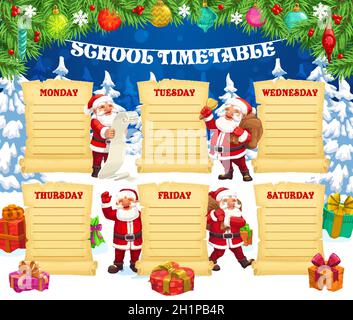 Child winter holiday timetable template with Santa character. Kids classes planner, children lesson schedule or to do list. Santa Claus ringing bell, Stock Vector