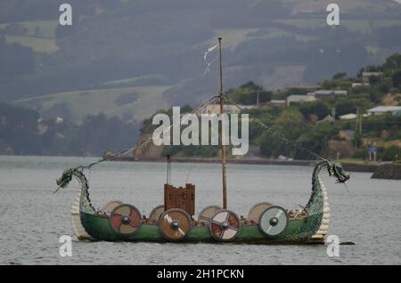 Replica of a Viking ship. Otago peninsula. Otago. South Island. New Zealand. Stock Photo