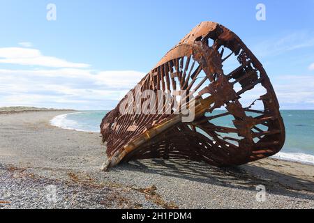 Wreckages on San Gregorio beach, Chile historic site. Beached ships Stock Photo