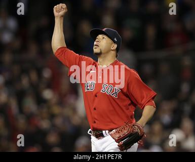 Boston, United States. 18th Oct, 2021. Boston Red Sox relief pitcher Hansel Robles celebrates after the final out in the h inning in game three of the MLB ALCS against the Houston Astros at Fenway Park in Boston, Massachusetts on Monday, October 18, 2021. Photo by John Angelillo/UPI Credit: UPI/Alamy Live News Stock Photo