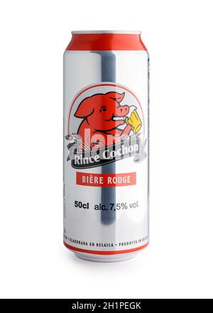 BAYONNE, FRANCE - CIRCA JANUARY 2021: A 50cl can of red Rince Cochon beer on white background. The red Rince Cochon is flavoured with red fruits, main Stock Photo