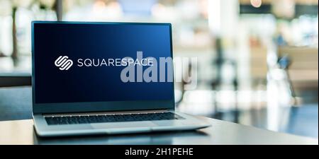 POZNAN, POL - SEP 23, 2020: Laptop computer displaying logo of Squarespace, Inc., an American company, that provides software as a service for website Stock Photo