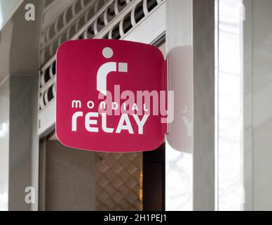 BAYONNE, FRANCE - CIRCA JANUARY 2021: Mondial Relay sign outside shop. Mondial Relay is a French postal service company. Stock Photo