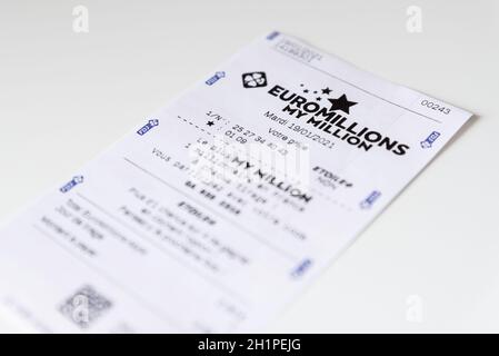 BAYONNE, FRANCE - CIRCA JANUARY 2021: Francaise des Jeux Euromillions receipt on white background. EuroMillions is a European transnational lottery, i Stock Photo