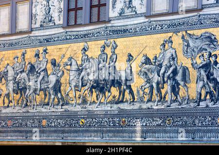 Dresden, Germany - September 23, 2020 : Procession of Princes, large mural of a mounted procession of the rulers of Saxony. It is located on the outer Stock Photo