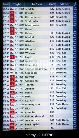 Flight board in Dubai airport, UAE Stock Photo
