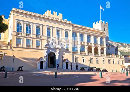 Monaco, January 20 2019: Prince palace and old town on the hill in Principality of Monaco.  Official residence of the Sovereign Prince of Monaco. Buil Stock Photo