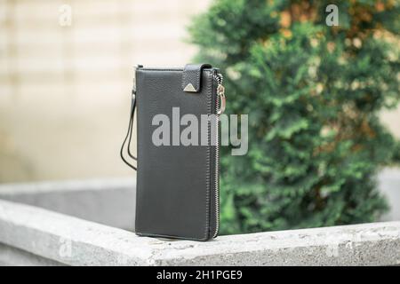 Leather goods for banknotes and iron coins. Wallet and purse for various banknotes and business cards, discount cards. Wallet for bank cards. Leathere Stock Photo