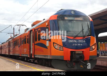 Modernized Polish electric train EN57 at station in Leszno, Poland Stock Photo