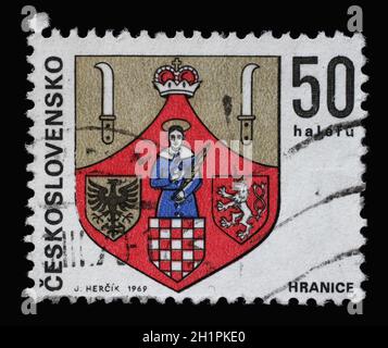 Stamp printed in Czechoslovakia shows coat of arms of Hranice, circa 1969 Stock Photo