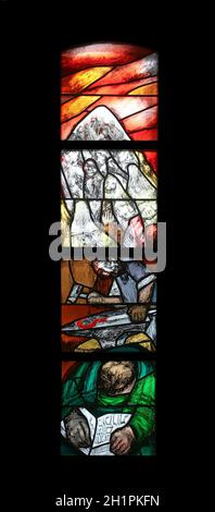 The journey of the nation at the end of the day on Mount Sinai, stained glass window by Sieger Koder in Saint James church in Sontbergen, Germany Stock Photo