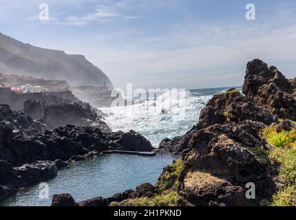 Porto Moniz, Portugal -  April 18, 2018: Coastline in Porto Moniz on Madeira Island. Portugal Stock Photo