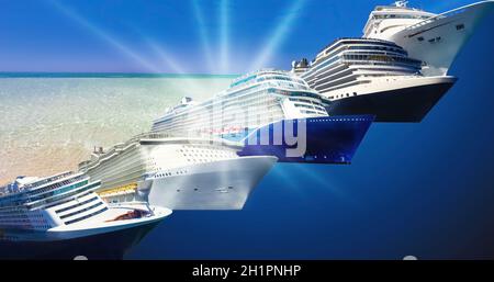 Abstract cruise ships or big liners at abstract port. Collage about travel and vacations concept Stock Photo