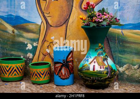 RAQUIRA, COLOMBIA - FEBRUARY 2021. Beautiful handiccrafts at the small town of Raquira. The city of pots, Colombia Stock Photo