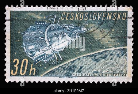 Stamp printed in Czechoslovakia shows Sputnik 3, Space Research series, circa 1961 Stock Photo