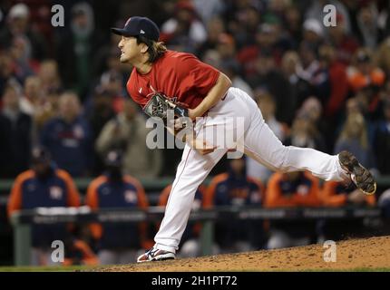 Boston, United States. 18th Oct, 2021. Boston Red Sox relief pitcher Hirokazu Sawamura throws in the 9th inning in game three of the MLB ALCS against the Houston Astros at Fenway Park in Boston, Massachusetts on Monday, October 18, 2021. The Red Sox beat the Astros 12-3 and take a 2-1 lead in the series. Photo by John Angelillo/UPI Credit: UPI/Alamy Live News Stock Photo