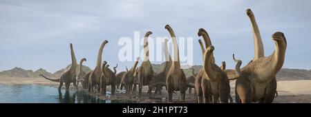 Titanosaurus, herd of dinosaurs from the Cretaceous period Stock Photo