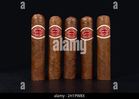 Santa Clara, Cuba - April 7, 2019: A close up of five Romeo and Julieta cuban cigars Stock Photo