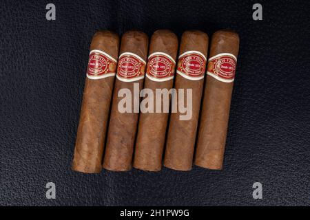 Santa Clara, Cuba - April 7, 2019: A close up of five Romeo and Julieta cuban cigars Stock Photo