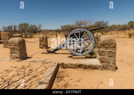historic cannon in front of the Franke Tower, Franketurm, in Omaruru, Namibia Stock Photo