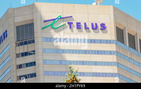 Calgary, Alberta, Canada. Feb 11, 2021. Top of Telus building during day light. Stock Photo