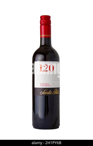 Calgary, Alberta, Canada. Feb 13, 2021. A Santa Rita 120 Cabernet Sauvignon bottle of wine on a white background. Stock Photo