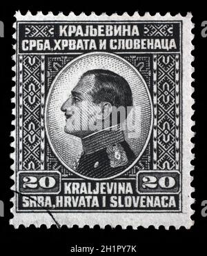 Stamp printed in Yugoslavia (Kingdom Serbia, Croatia and Slovenia) shows portrait of King Alexander I of Yugoslavia, series King Alexander I, circa 19 Stock Photo