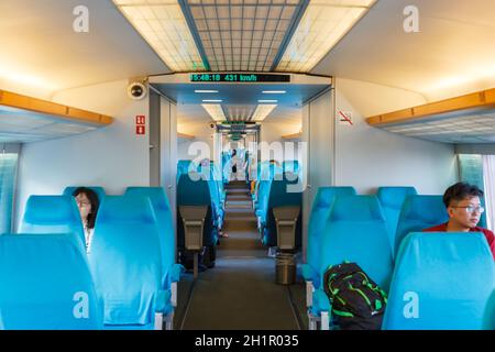 Shanghai, China - September 27, 2019: Shanghai Transrapid Maglev magnetic levitation train inner space in China. Stock Photo