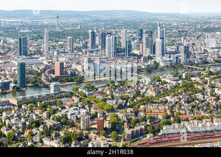 Frankfurt, Germany - May 27, 2020: Frankfurt skyline aerial photo city Main river railway trains skyscraper Commerzbank in Germany.