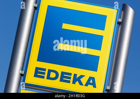 Stuttgart, Germany - May 17, 2020: Edeka logo sign supermarket food shop discounter in Germany. Stock Photo