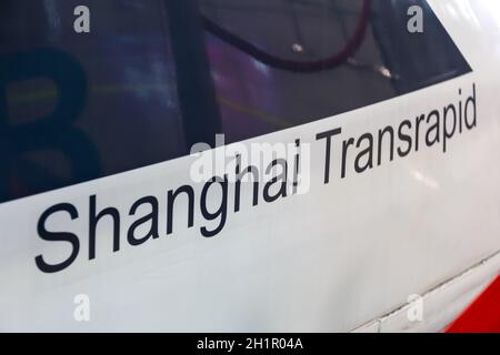 Shanghai, China - September 27, 2019: Shanghai Transrapid Maglev logo sign magnetic levitation train in China. Stock Photo