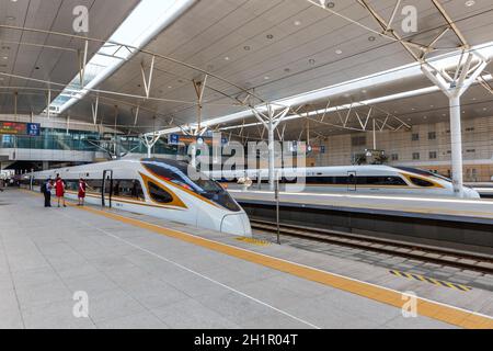 Tianjin, China - September 29, 2019: Fuxing high-speed train trains Tianjin railway station in China. Stock Photo