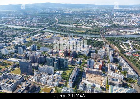 Frankfurt, Germany - May 27, 2020: Niederrad Bürostadt Buerostadt buildings Taunus aerial photo city in Germany. Stock Photo
