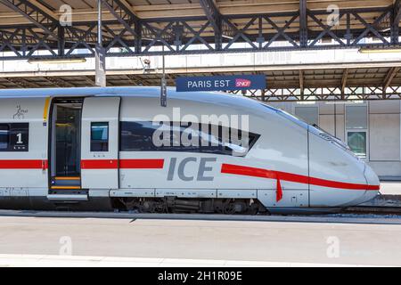 Paris, France - July 23, 2019: German ICE high-speed train Paris Est railway station in France. Stock Photo