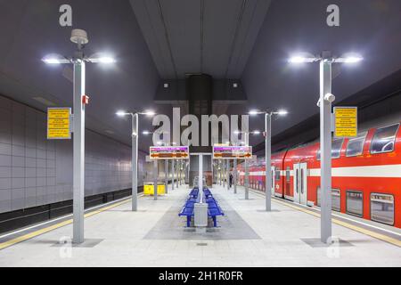 Jerusalem, Israel - February 17, 2019: Jerusalem Yitzhak Navon railway station with train in Israel. Stock Photo