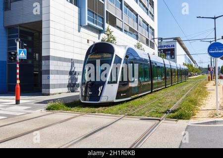 Luxembourg - June 24, 2020: Tram Luxtram train transit transport CAF Urbos in Luxembourg. Stock Photo