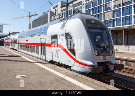 Stuttgart, Germany - April 22, 2020: IC2 Intercity 2 double-deck train at Stuttgart main station railway in Germany. Stock Photo